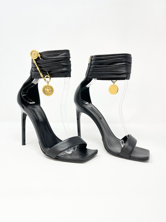Versace Shoes - Versace Crystal La Medusa Safety Pin Sandals High Heels Shoes Black Gold 37 7